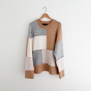 Colorblocked Knit Sweater Neutral Patchwork Pullover Oversized Fit- Size Large